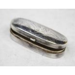 A modern continental silver pill box of rounded rectangular form, the hinged lid with engraved