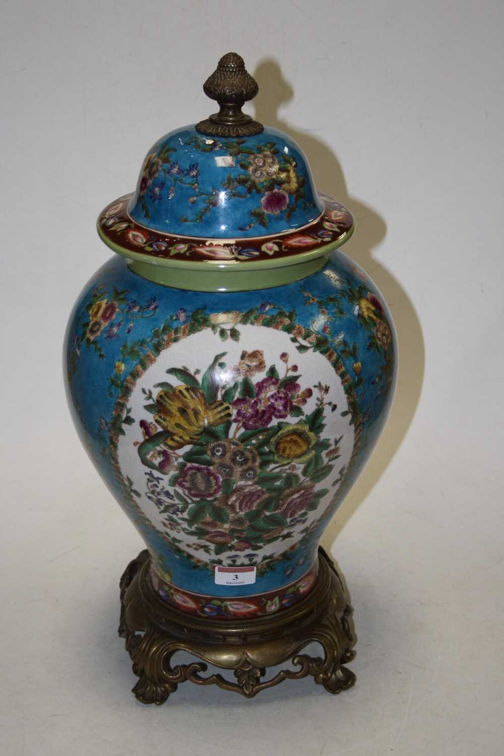 An 18th century style brass mounted jar and cover, of baluster form, with floral decoration, mounted - Image 3 of 7