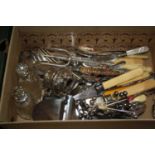 Two boxes of miscellaneous items to include silver plated twin handled ice pail, loose flatwares