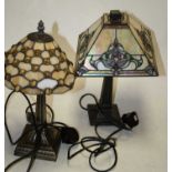 A 20th century Tiffany style table lamp with coloured glass shade, height 36cm, together with