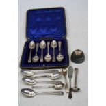 A set of six mid-20th century silver teaspoons, in fitted leather case; together with various