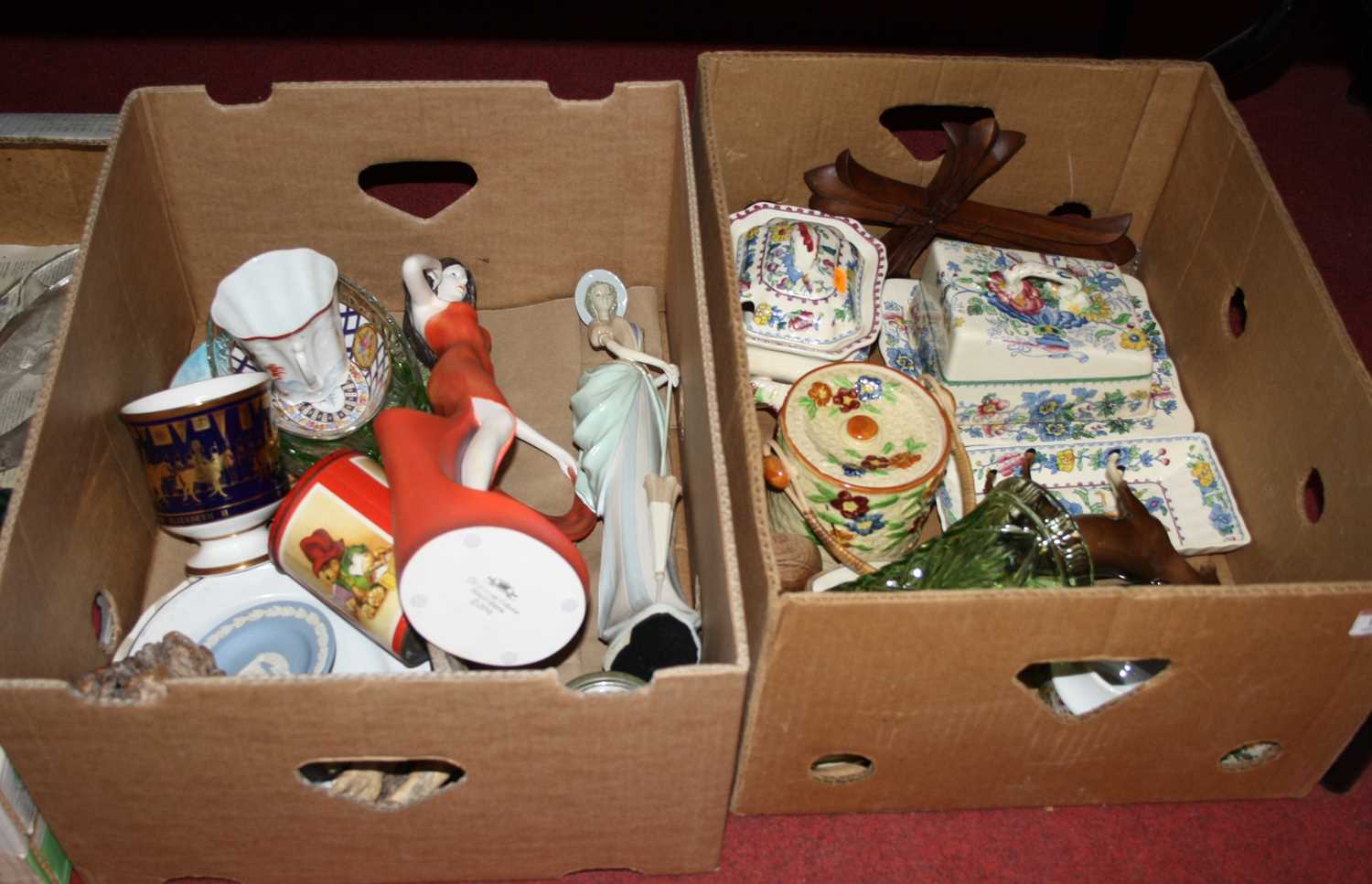 Two boxes of miscellaneous items to include a Masons Ironstone butter dish and cover in the
