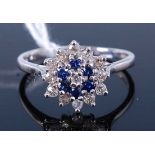 A 9ct white gold sapphire and diamond flower head cluster ring, 2.9g, size Q/R
