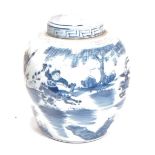 A Chinese export blue and white glazed stoneware ginger jar and cover, decorated with a battle scene