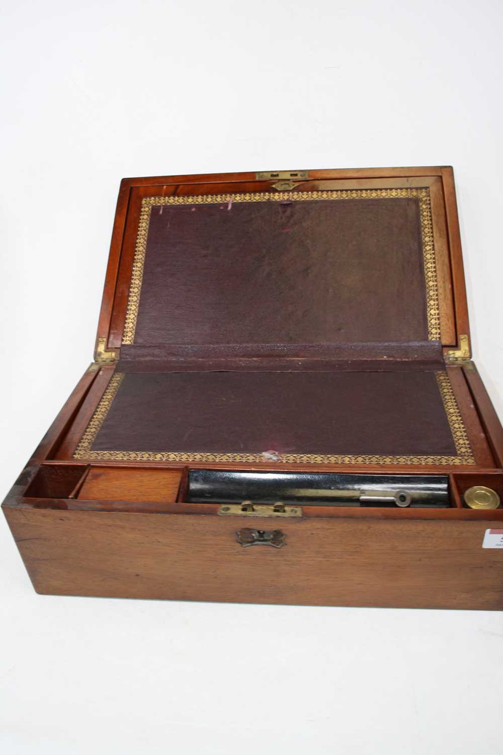 A Victorian mahogany cased writing slope, the lid with brass cartouche opening to reveal a gilt - Image 2 of 10