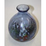 A 20th century blue art glass vase, the everted rim above a globular body, with red, yellow and