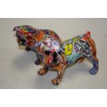 A modern decoupage type decorated model of a seated bull dog, height 16cm, together with one other