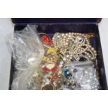 A box of miscellaneous items to include various thimbles, silver bangle, paste set jewellery etc