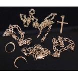 Assorted 9ct scrap gold, to include part necklace and bracelet section, cross pendant, small