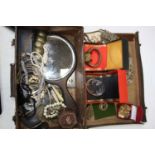 A leather case and miscellaneous contents, to include silver plated nurse's belt, various