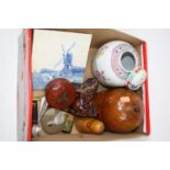 A box of miscellaneous items, to include pocket cigarette case, Meeschaum pipe, Delft tile