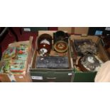 A box of miscellaneous clock cases and mantel clocks to include Edwardian mahogany and satinwood
