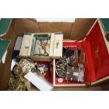 A box of miscellaneous items to include an early 20th century leather clad ladies travel case with