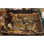 A box containing a collection of various brassware, to include a pair of Victorian table