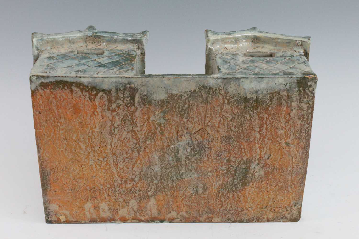 A Chinese green/blue glazed pottery model of a temple, having two tiers each with corrugated style - Image 5 of 5