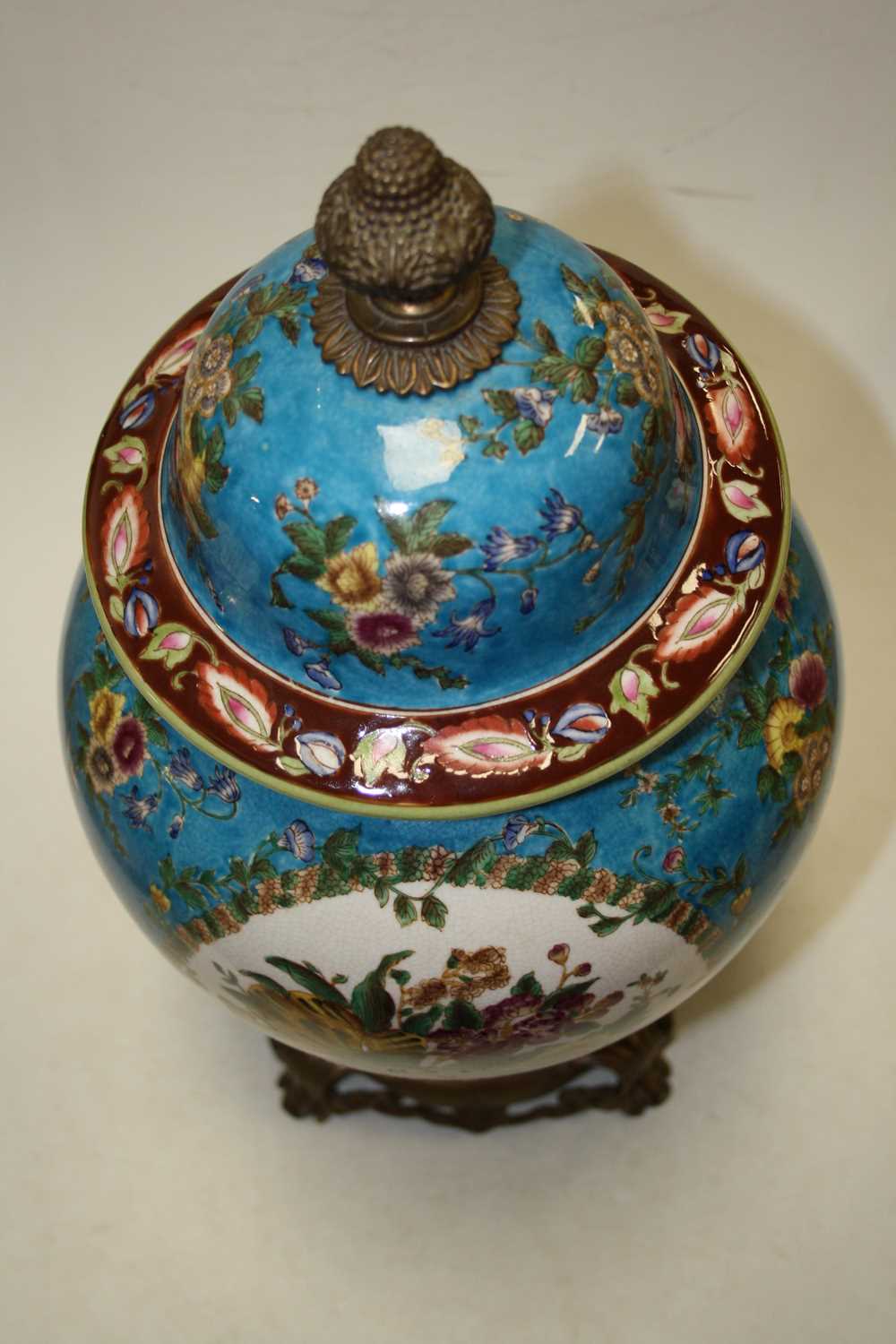 An 18th century style brass mounted jar and cover, of baluster form, with floral decoration, mounted - Image 2 of 7