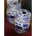 A pair of 20th century Chinese blue & white glazed garden seats of barrel form, decorated with