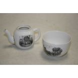 A Continental porcelain miniature teapot, transfer printed with a scene from the Dunmow Flitch,