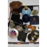 A small collection of miscellaneous items to include an atomiser, a hammered copper tea caddy,