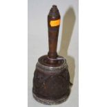 A George V yew presentation mallet, carved with a portrait and coat of arms with gothic tracery, the