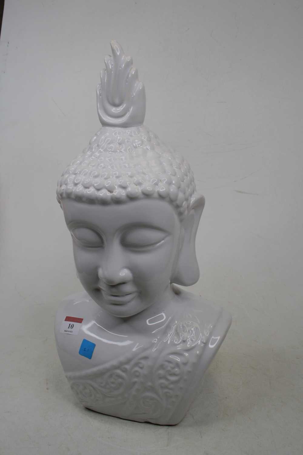 A modern white glazed pottery head and shoulders bust of Buddha, h.44cm - Image 2 of 3