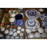 Two boxes containing a collection of ceramics, to include mainly blue and white transfer decorated
