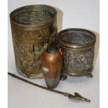 A 20th century repoussee decorated brass coal bucket, together with various other metal wares, the