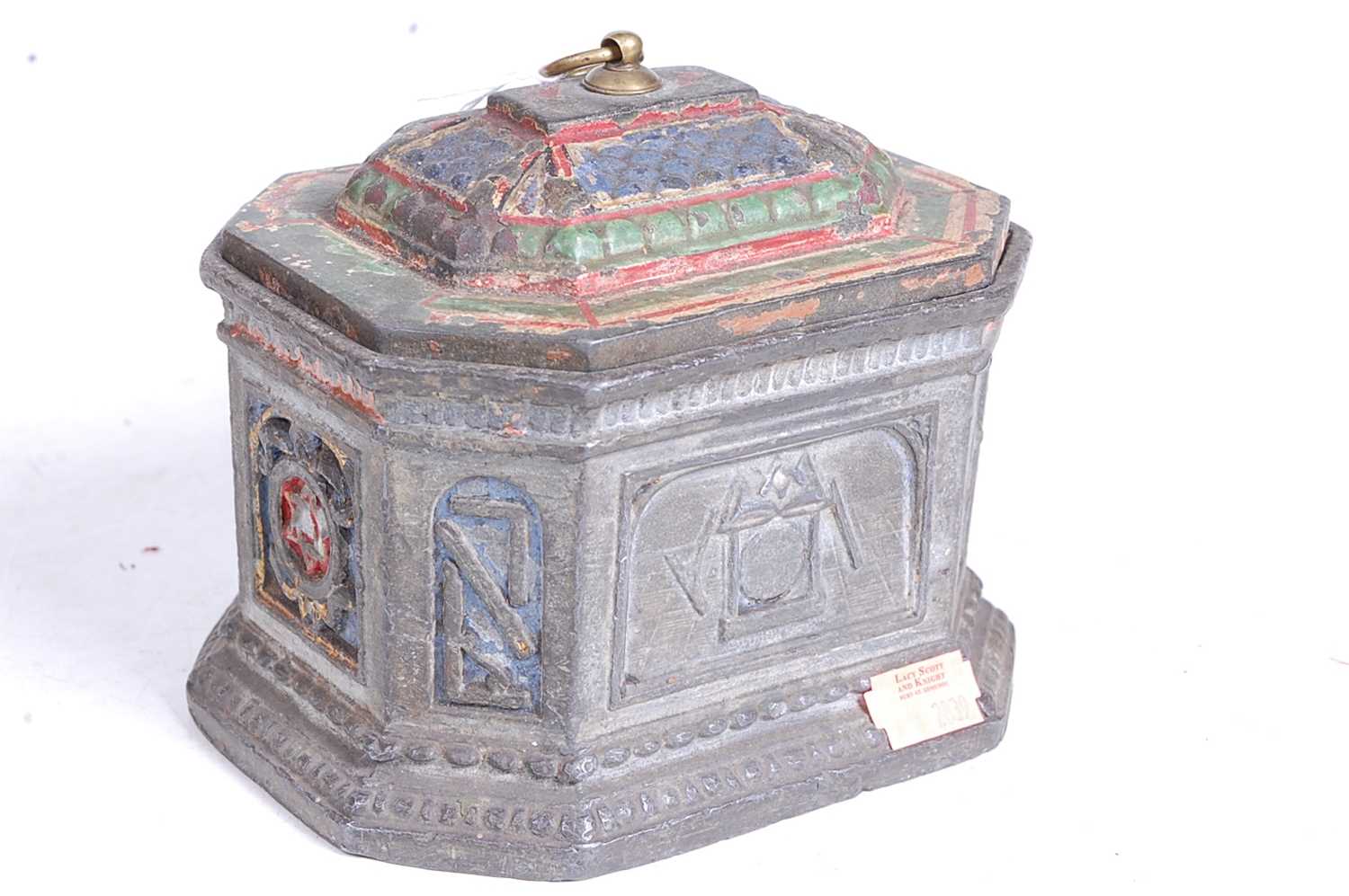 A 19th century pewter tobacco box, the lid with polychromatic decoration, the octagonal body - Image 2 of 3