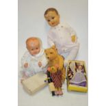 A collection of childrens dolls and animals, to include a blond mohair bear with posable limbs