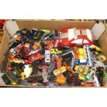 Two boxes of various playworn diecast model vehicles, to include Matchbox, Majorette and other