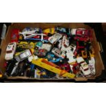 A box of various playworn model diecast vehicles, mostly by Matchbox and Corgi