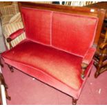 A stained beech and upholstered two-seater pub bench, width 122cm