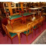 A contemporary Chinese hardwood dining suite, comprising D-end extending dining table, having pull-