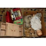 Two boxes of children's toys, to include Merrythought Monkey, large composition headed doll,