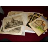 A folio of assorted prints and engravings, to include John Sell Cotman, maps of London,