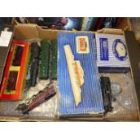 Two boxes of various Hornby wagons, trains and accessories, to include an R251 loco and tender (