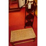 A 1930s mahogany circular three-tier folding cake stand, together with a low rush topped stool (2)