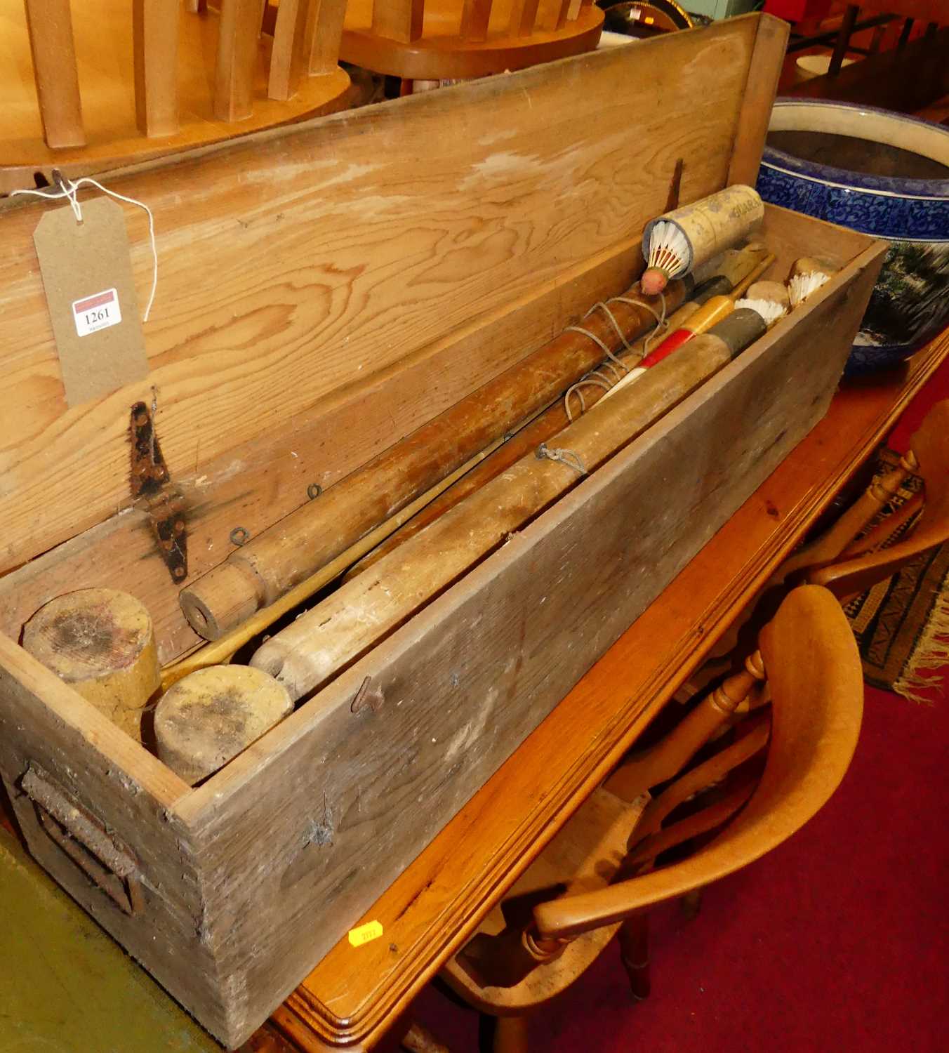 A pine boxed croquet set, and a collection of shuttlecocks