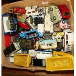 A box of playworn loose model diecast vehicles, to include Dinky and Corgi (some repainted