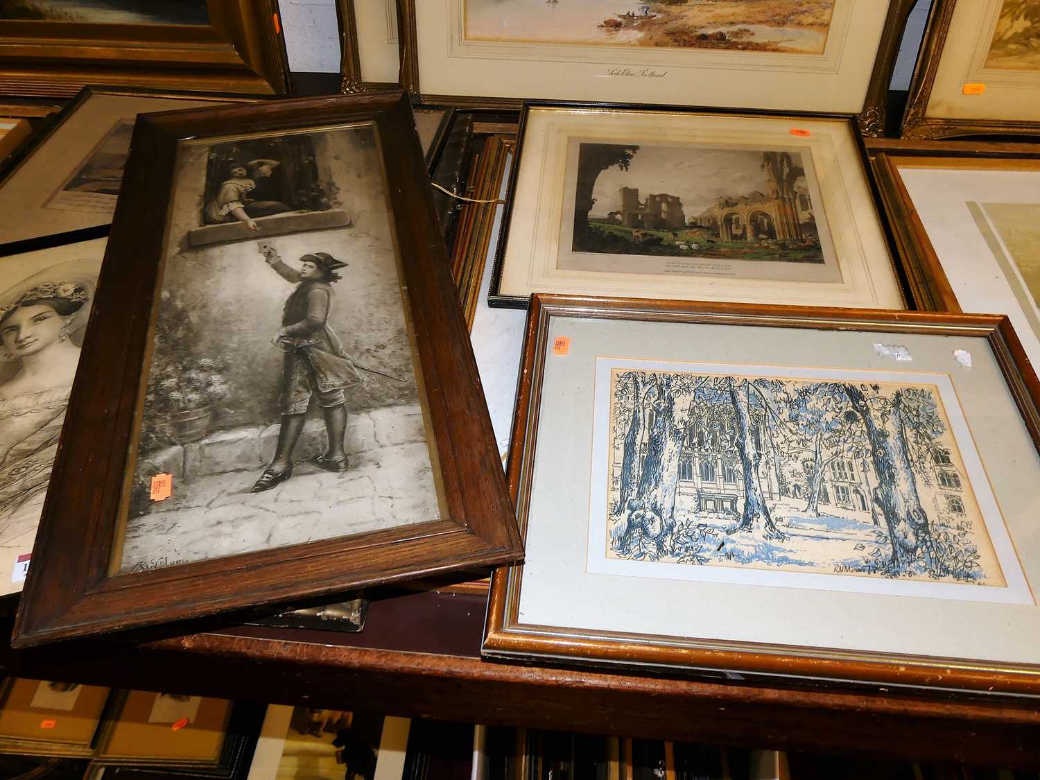 Assorted pictures and prints to include commemorative engraving, topographical views, etc (7)