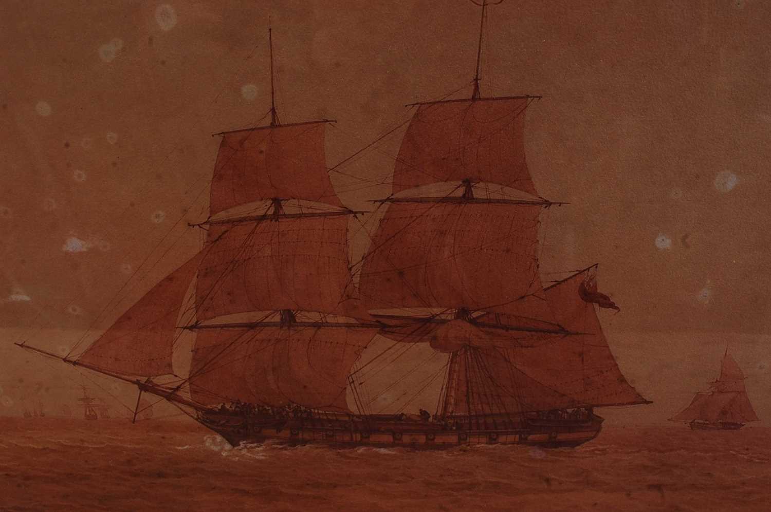 William Joy (1803-1867) - Naval ships on the calm, sepia watercolour with traces of body colour, - Image 3 of 3