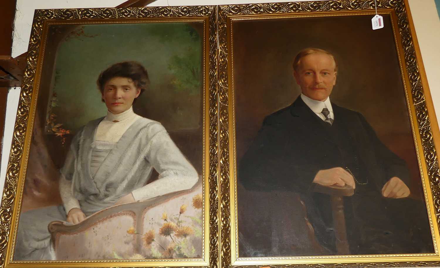 Early 20th century English school, pair half length portraits, oil on canvas, 75x50cmCondition