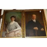 Early 20th century English school, pair half length portraits, oil on canvas, 75x50cmCondition