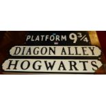 Contemporary Harry Potter related signs, being 'Hogwarts', 'Diagon Alley' and 'Platform 9¾' (3)