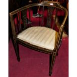 An Edwardian beech tub elbow chair, with striped fabric fixed pad seat, width 55cm