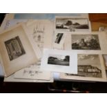 A sleeve of assorted engravings, to include topographical views, buildings etc, all unframed