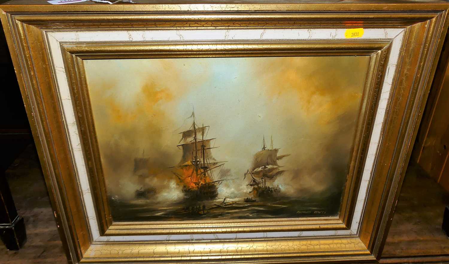 Anthony Hedges - Seascape with clipper ship on fire, oil on canvas, signed lower right, 30x40cm