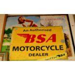 A reproduction printed tin advertising sign for BSA motorcycles 48x70cm, and two others (3)