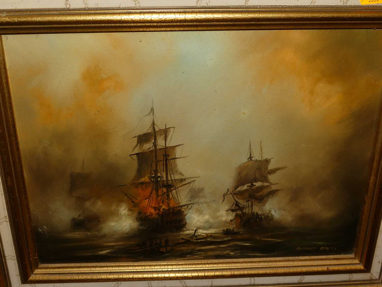 Anthony Hedges - Seascape with clipper ship on fire, oil on canvas, signed lower right, 30x40cm - Image 2 of 4