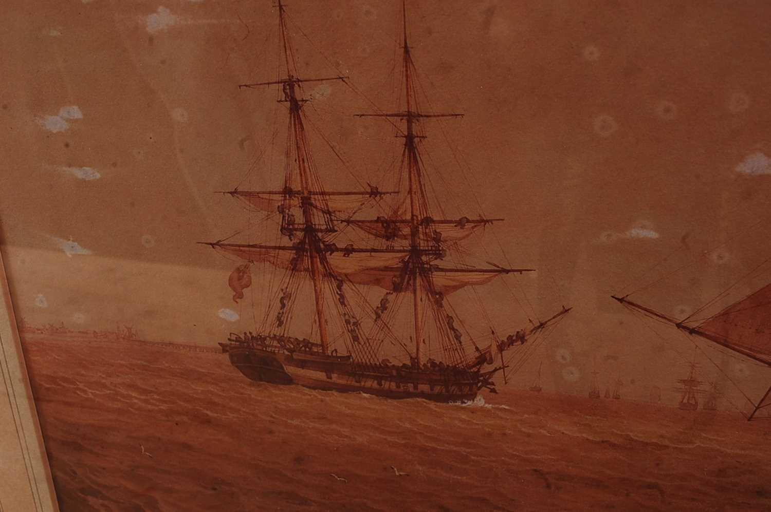 William Joy (1803-1867) - Naval ships on the calm, sepia watercolour with traces of body colour, - Image 2 of 3